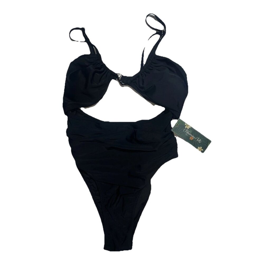 Blooming Jelly Black Open Mid Area One Piece Swimsuit  Bathing Suit Size Small